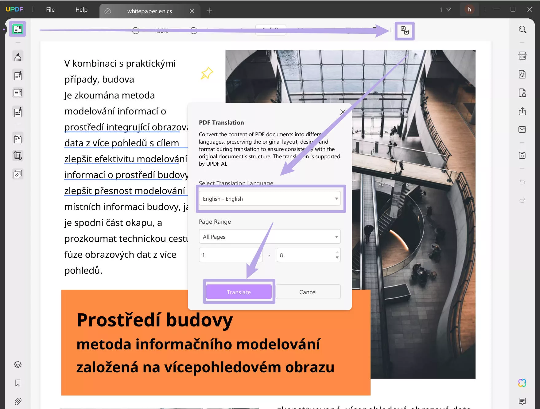 Translate a PDF from Czech to English on a Desktop with layout keeping