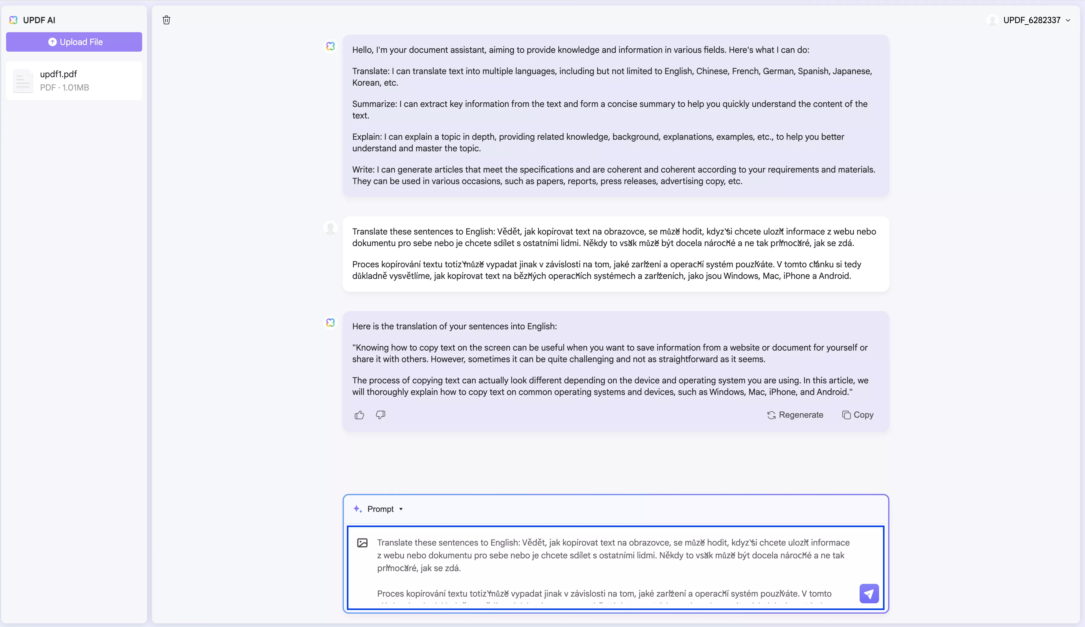 translate part of the content in pdf with updf’s online ai assistant