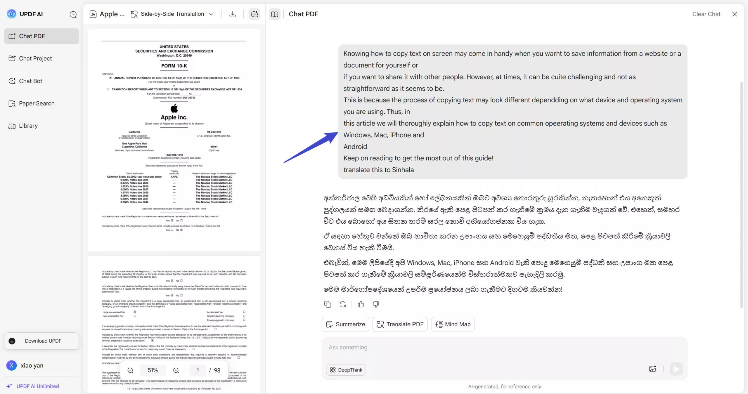 translate content to Sinhala with updf online ai assistant