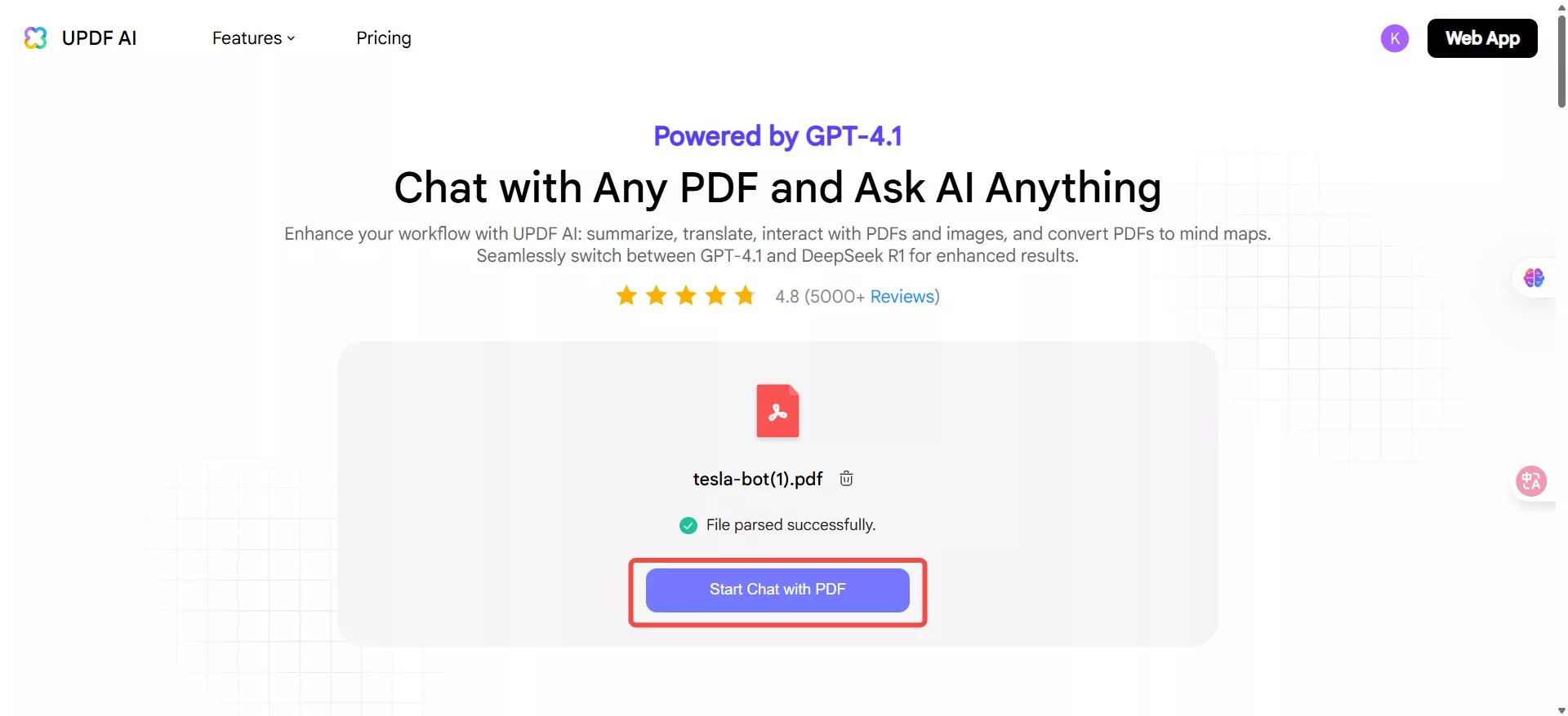 click the get started button in updf ai