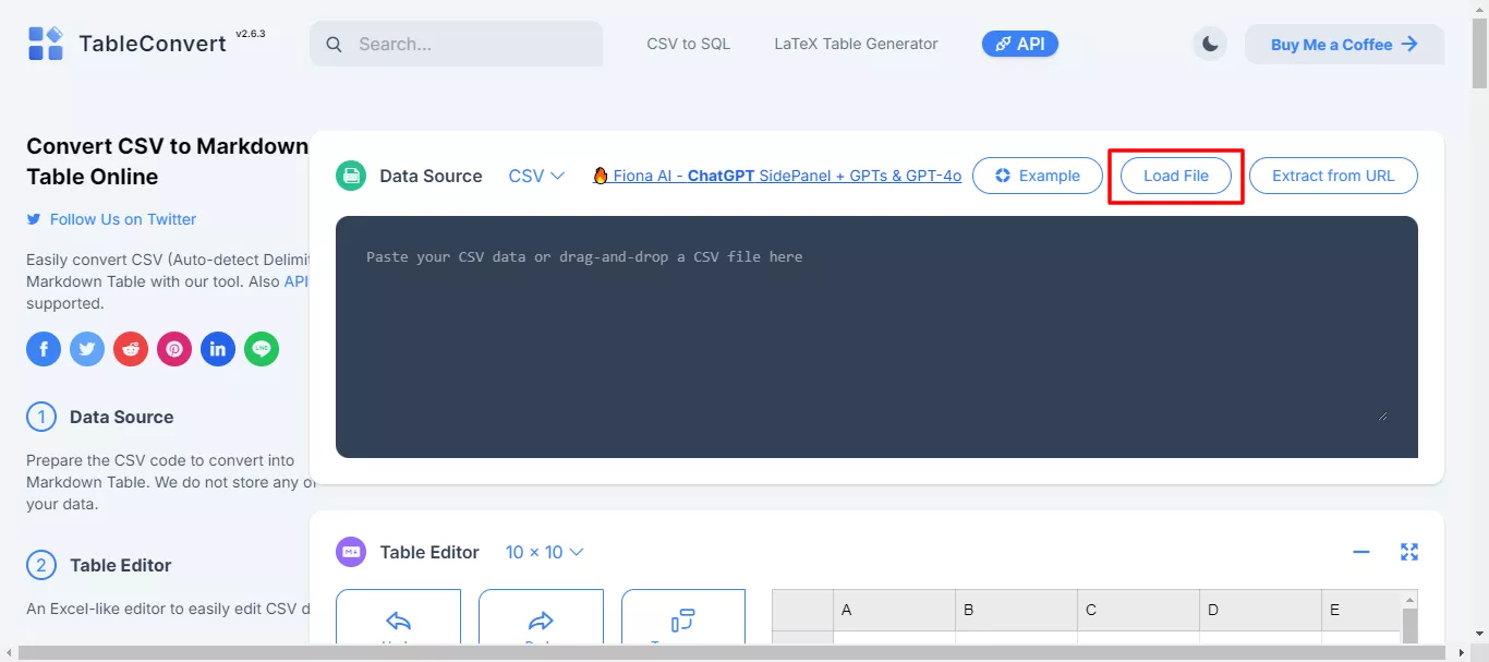 upload the csv file in Tableconvert