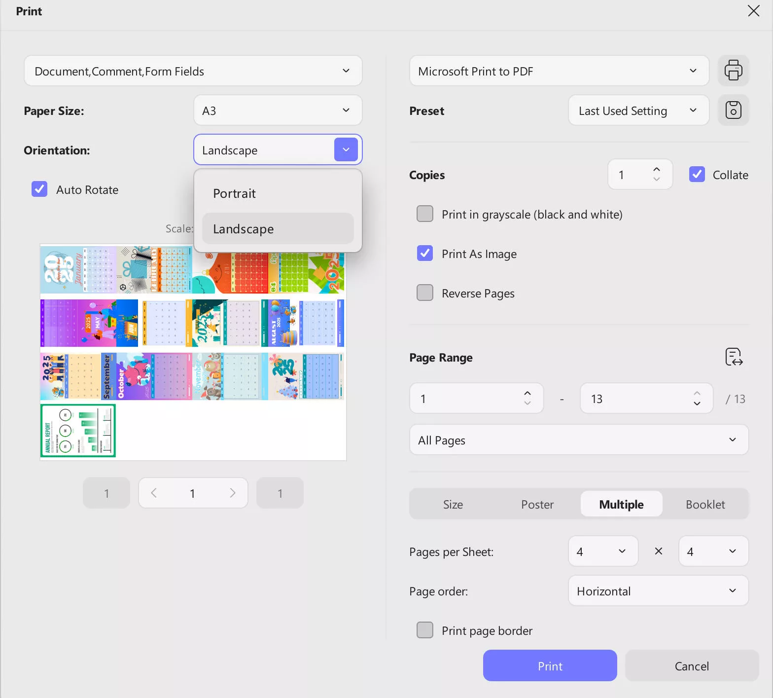 use batch print to convert PDF from landscape to portrait with updf