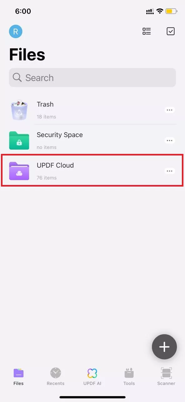 click the updf cloud button in updf for ios