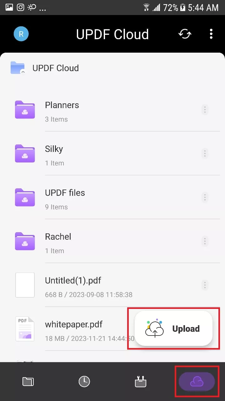 click the upload button in android device with updf