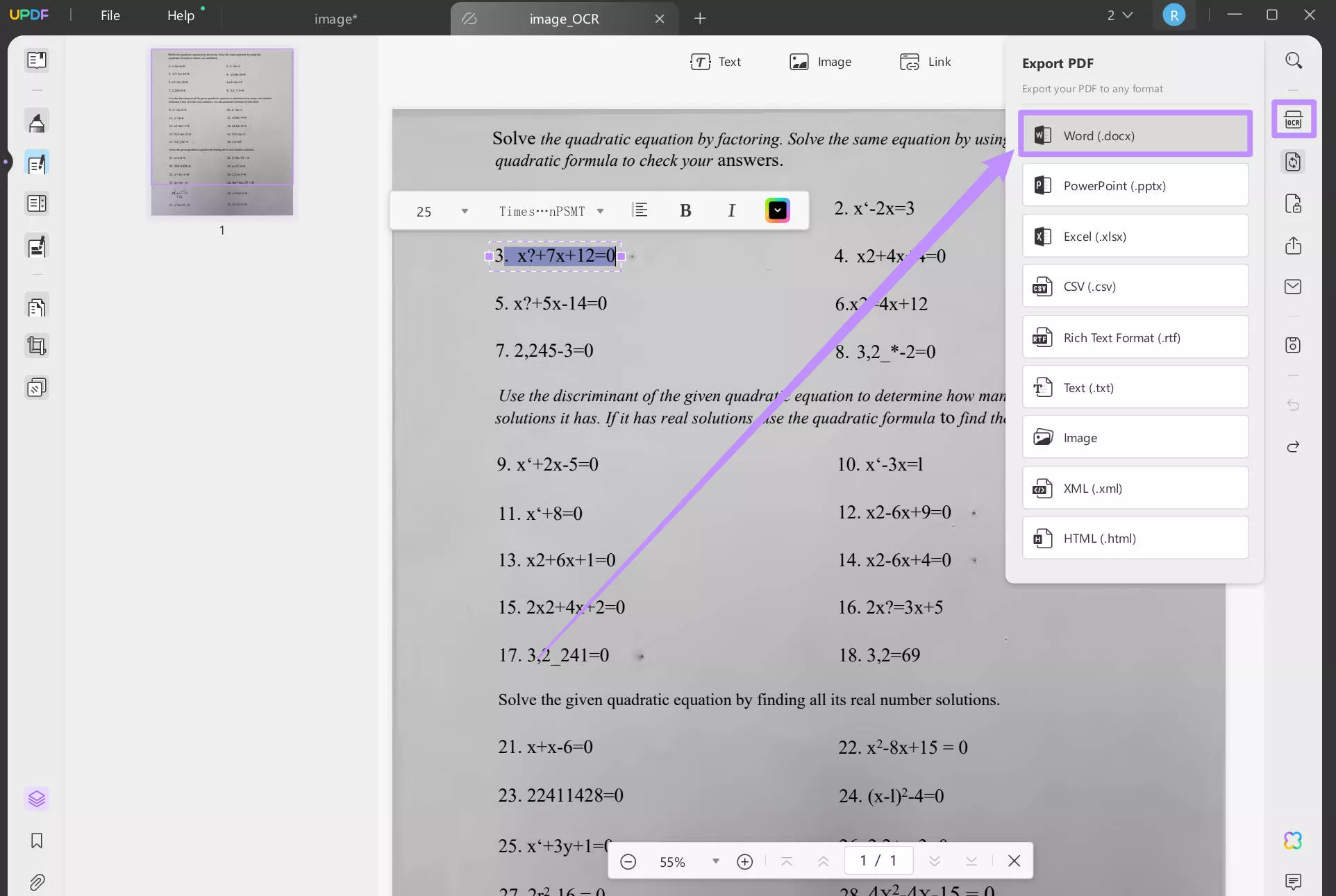 export scanned PDF with equation to Word