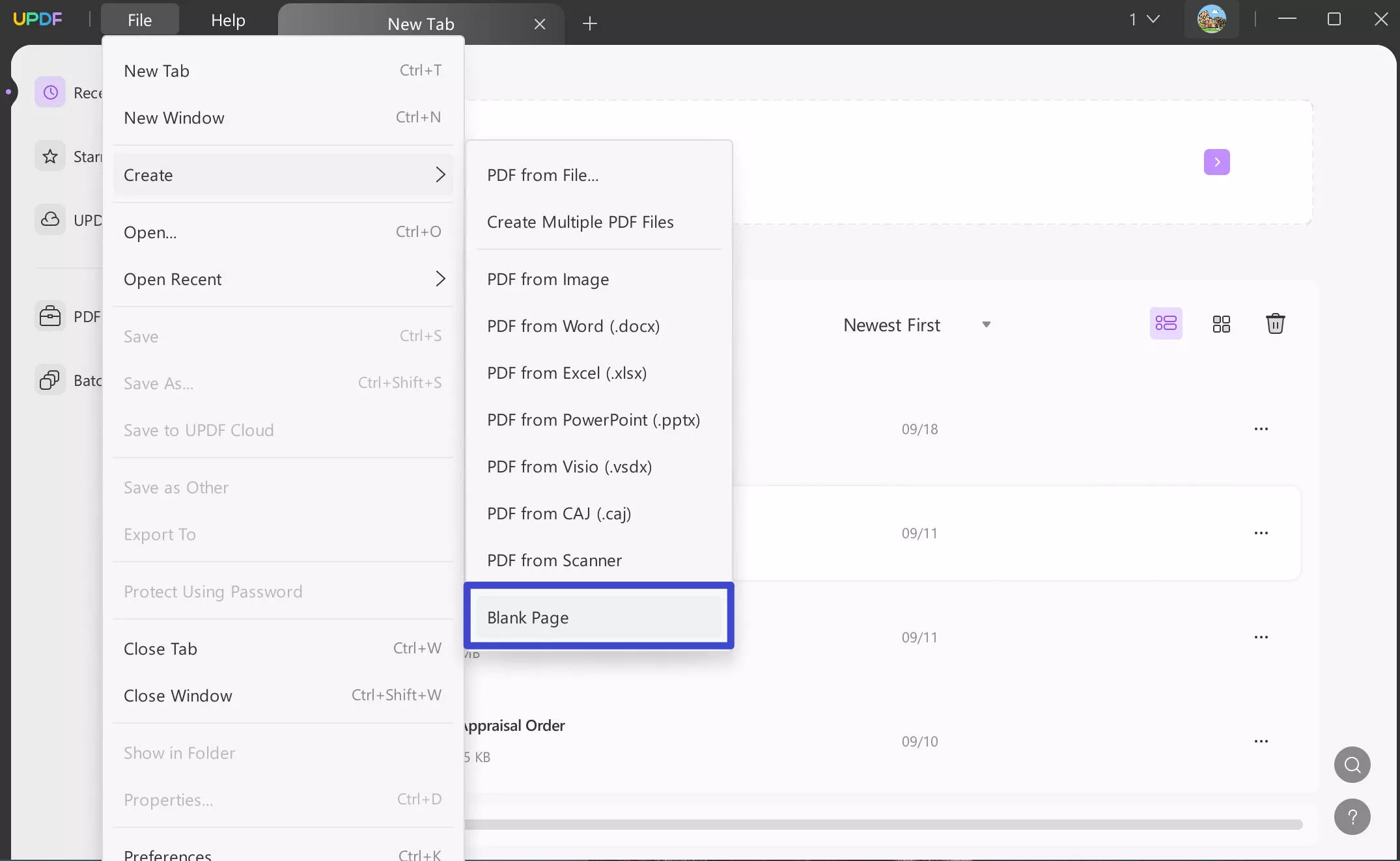 go to create blank page from file updf windows