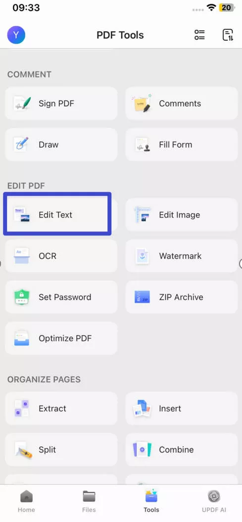 tap on the edit text in tools on iPhone with updf