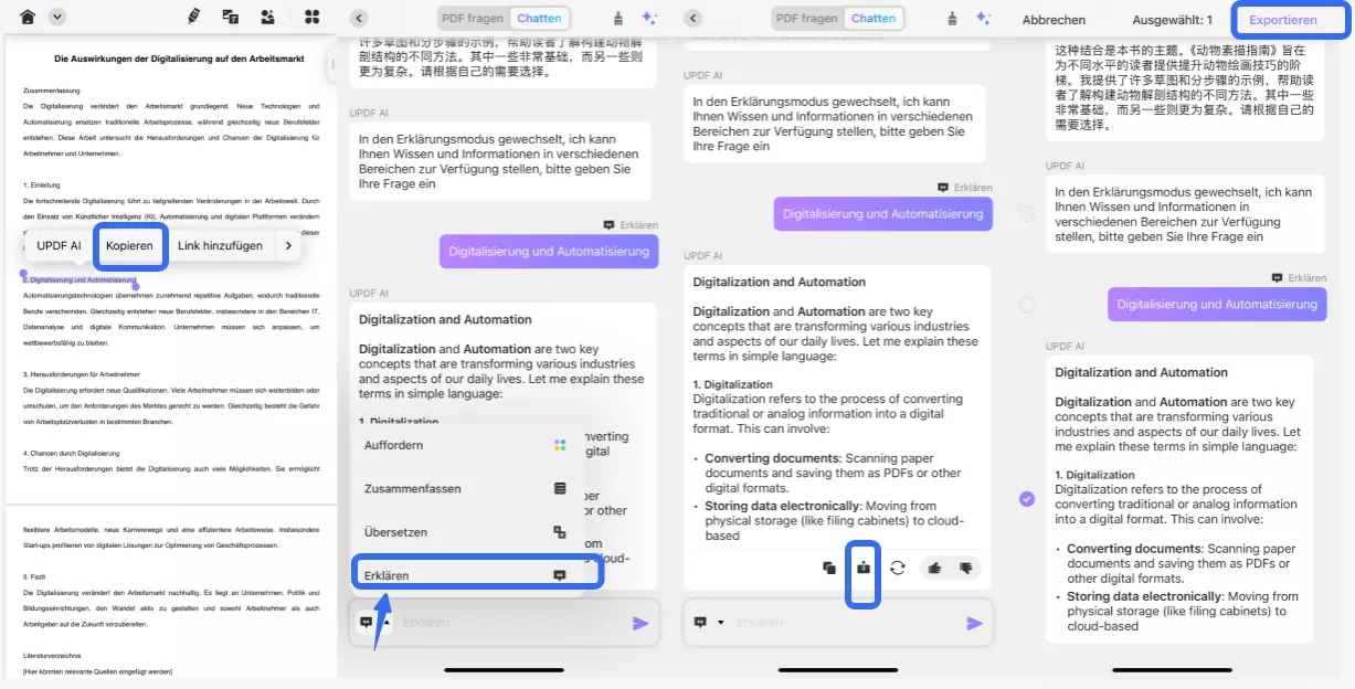 öffne den AI-Chat und wähle „Erklären“
