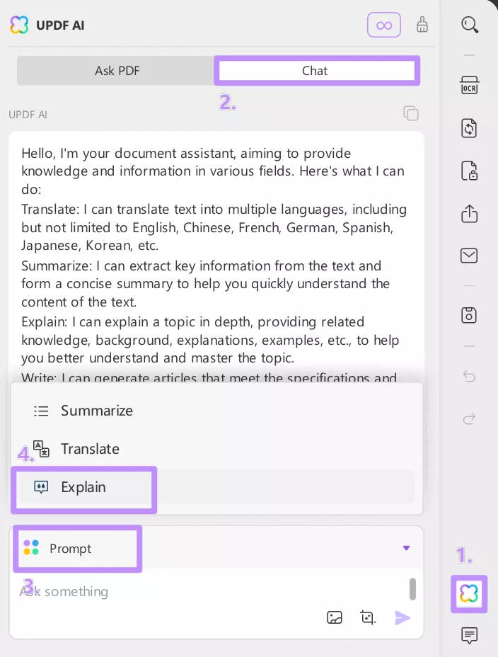 przejdź do czatu i wybierz wyjaśnienie z opcji z updf ai windows