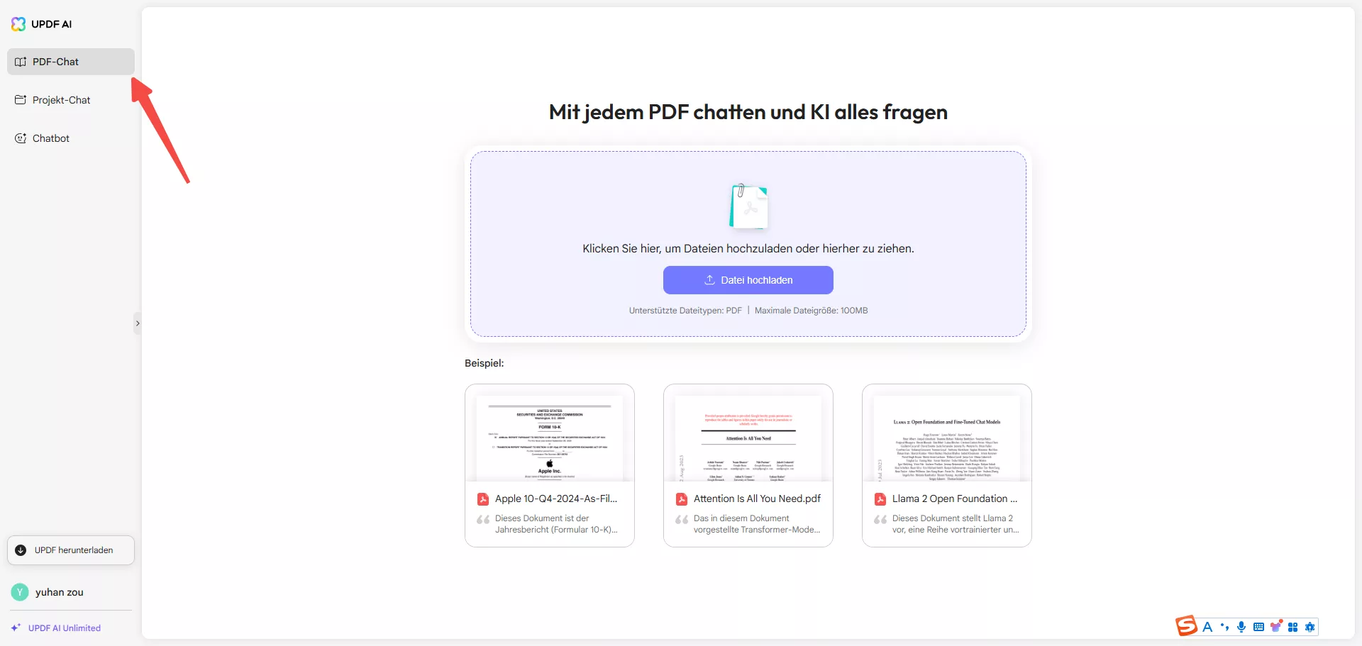 PDF-Datei hochladen updf ai