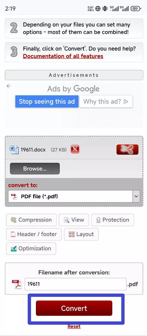 hit the convert button in online2pdf