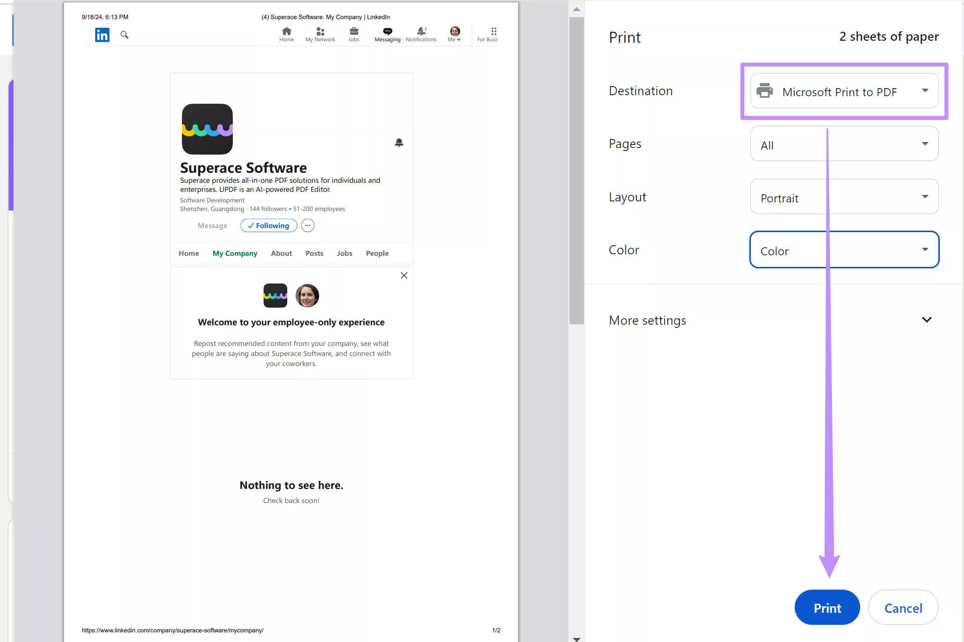 LinkedIn 프로필을 PDF로 인쇄