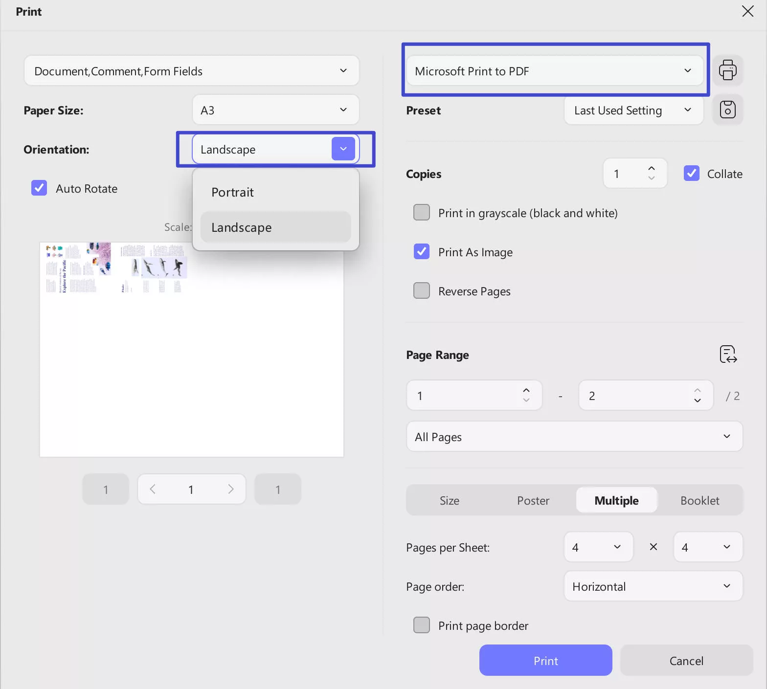 print to convert PDF from landscape to portrait with updf windows