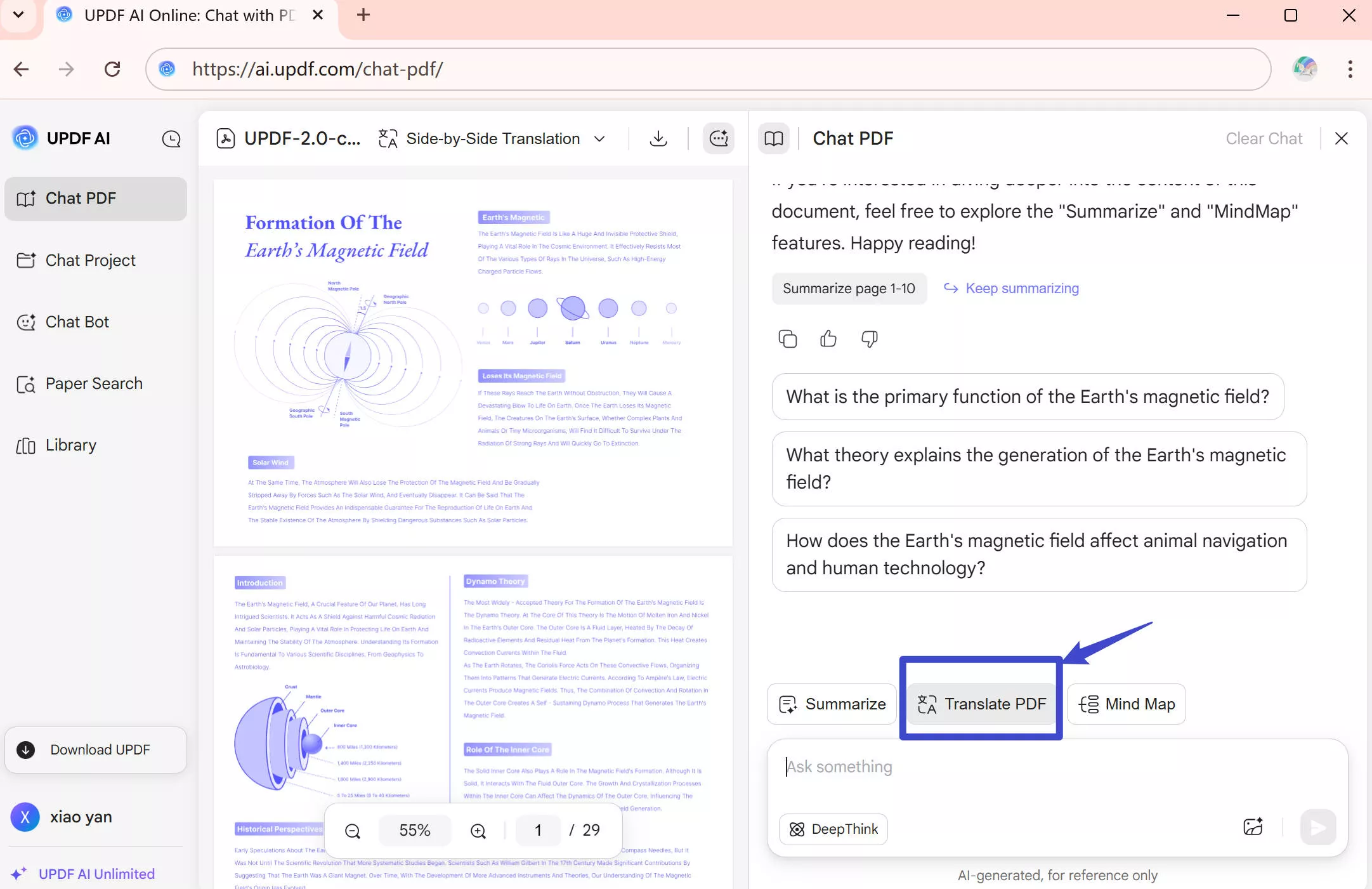 click translate by page in UPDF Online AI Assistant
