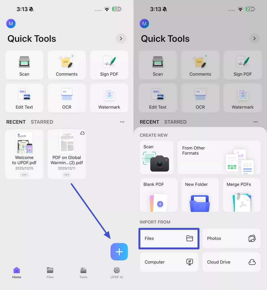 upload file to updf app