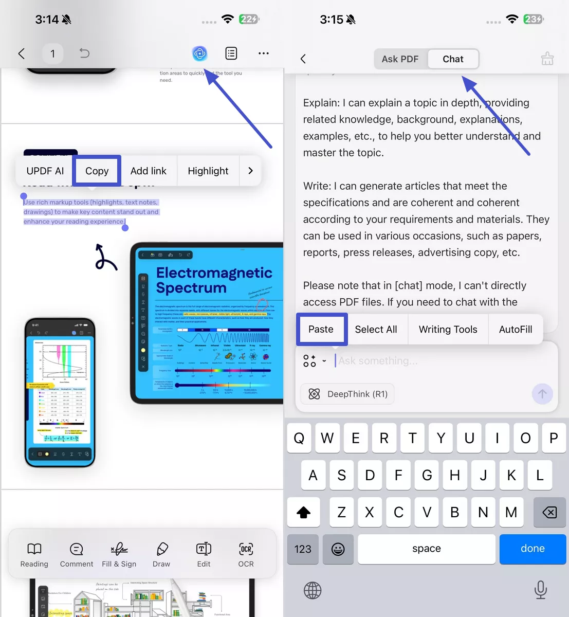 copy and paste text in chat mode