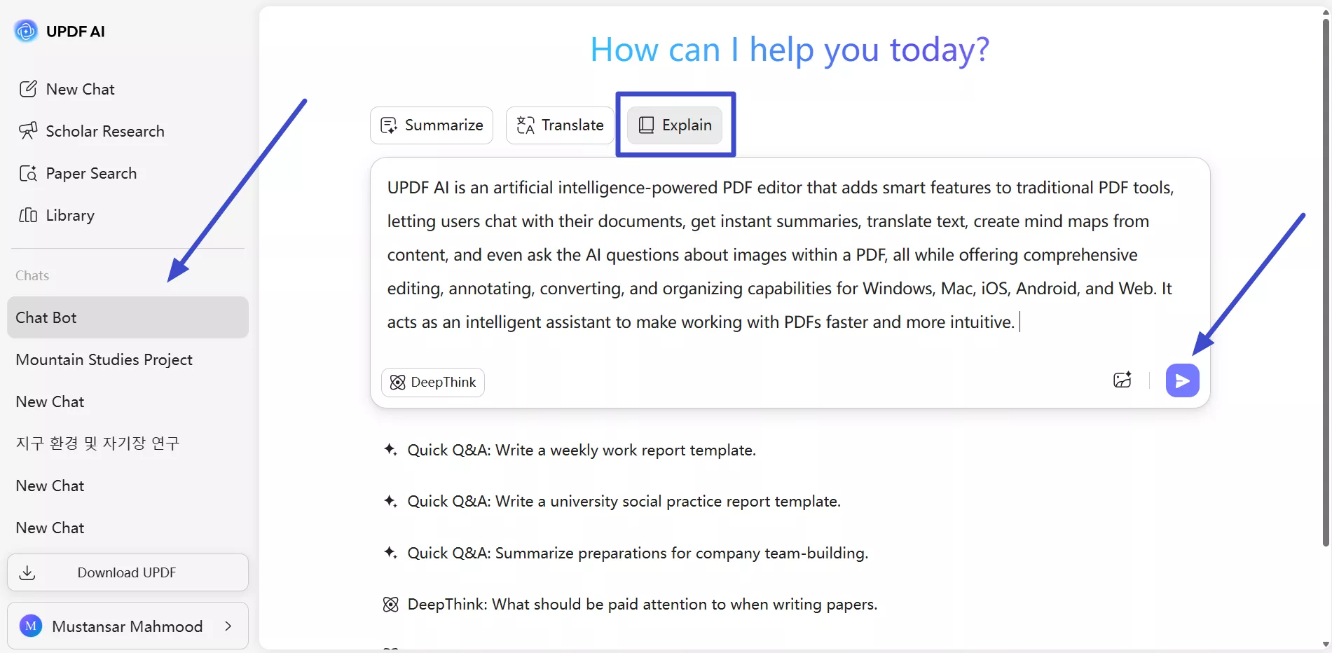 enter text and explain in chatbot