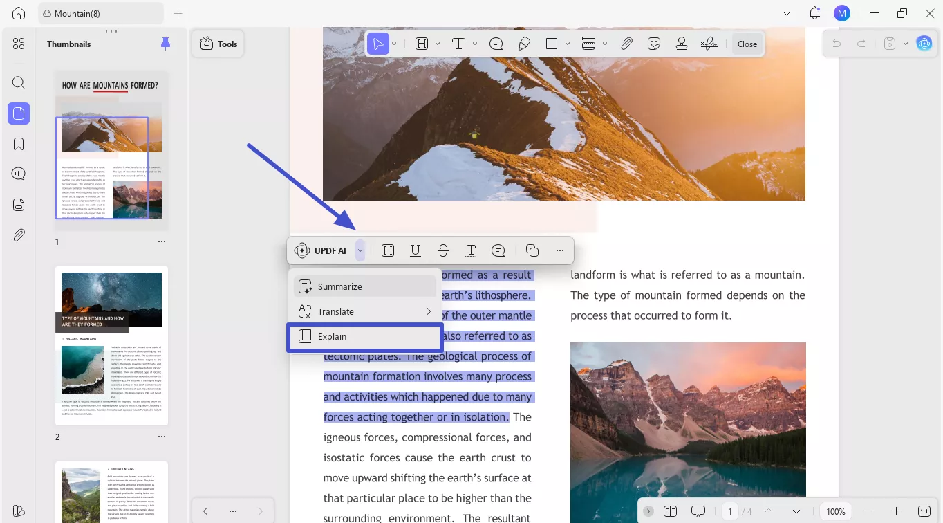 select content and tap explain