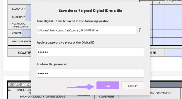 add location and password to create digital signature updf windows