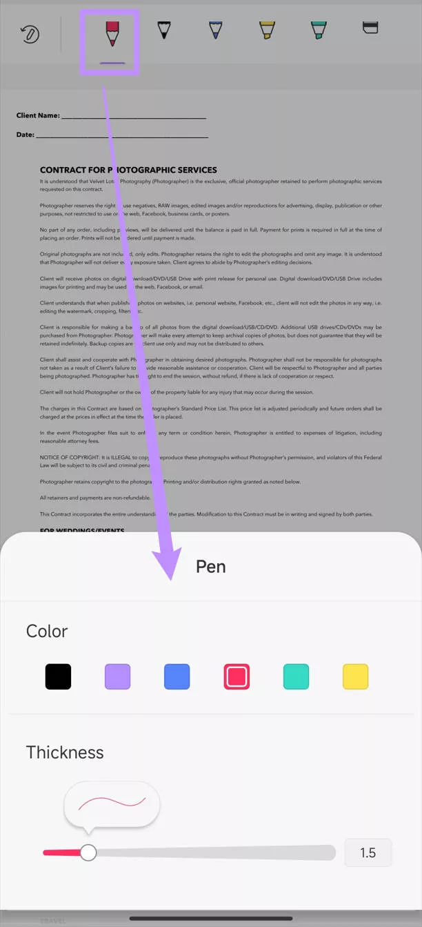adjust pencil settings in updf for android