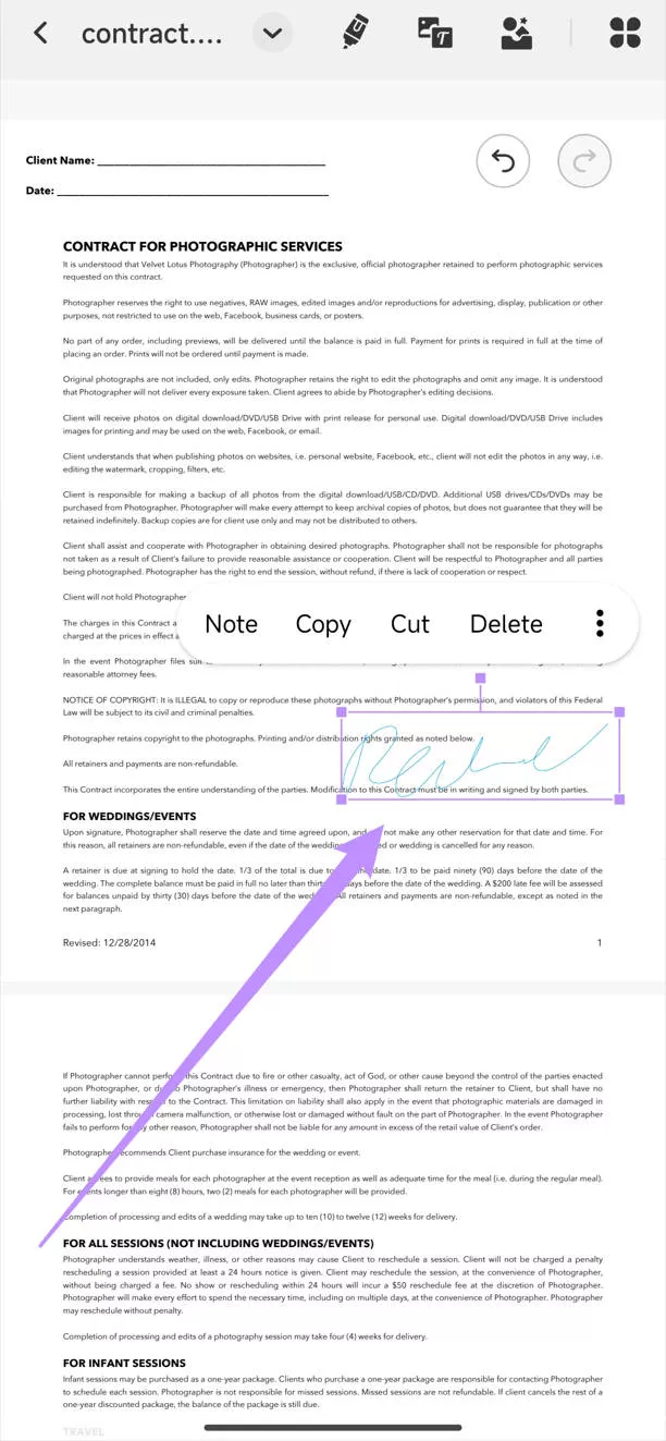 adjust the position of the signature.