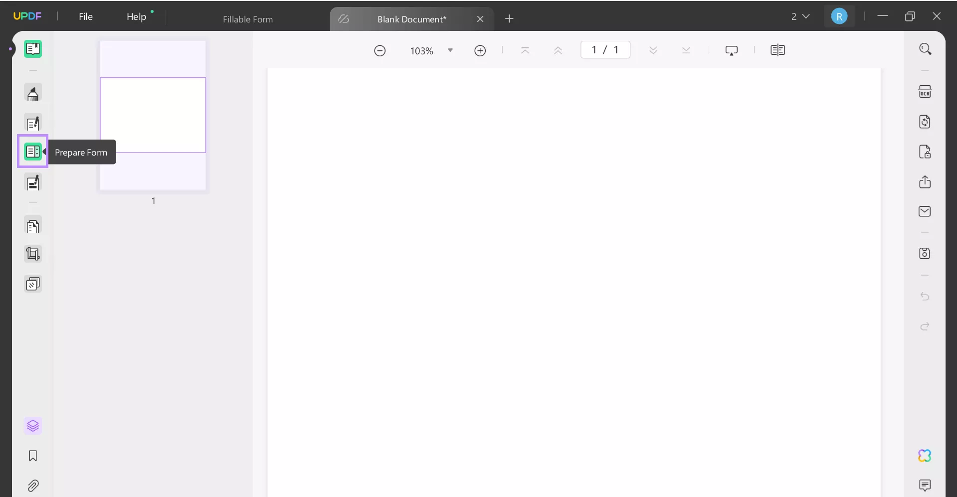 फॉर्म तैयार करें UPDF विंडो पर क्लिक करें