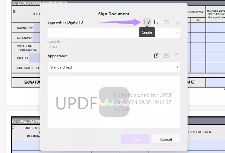 click the create button updf windows