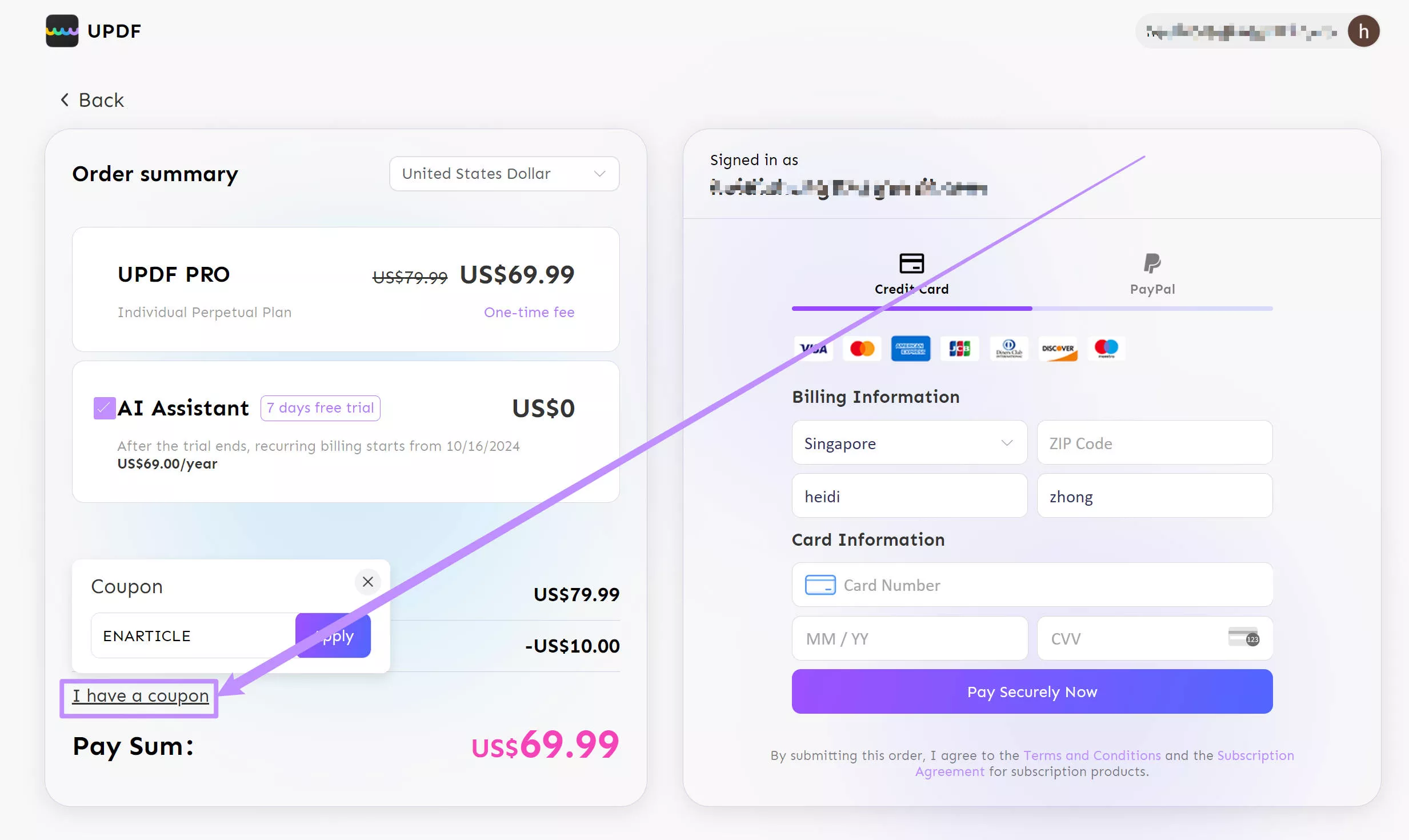 UPDF मूल्य पृष्ठ पर कूपन कोड का उपयोग करें