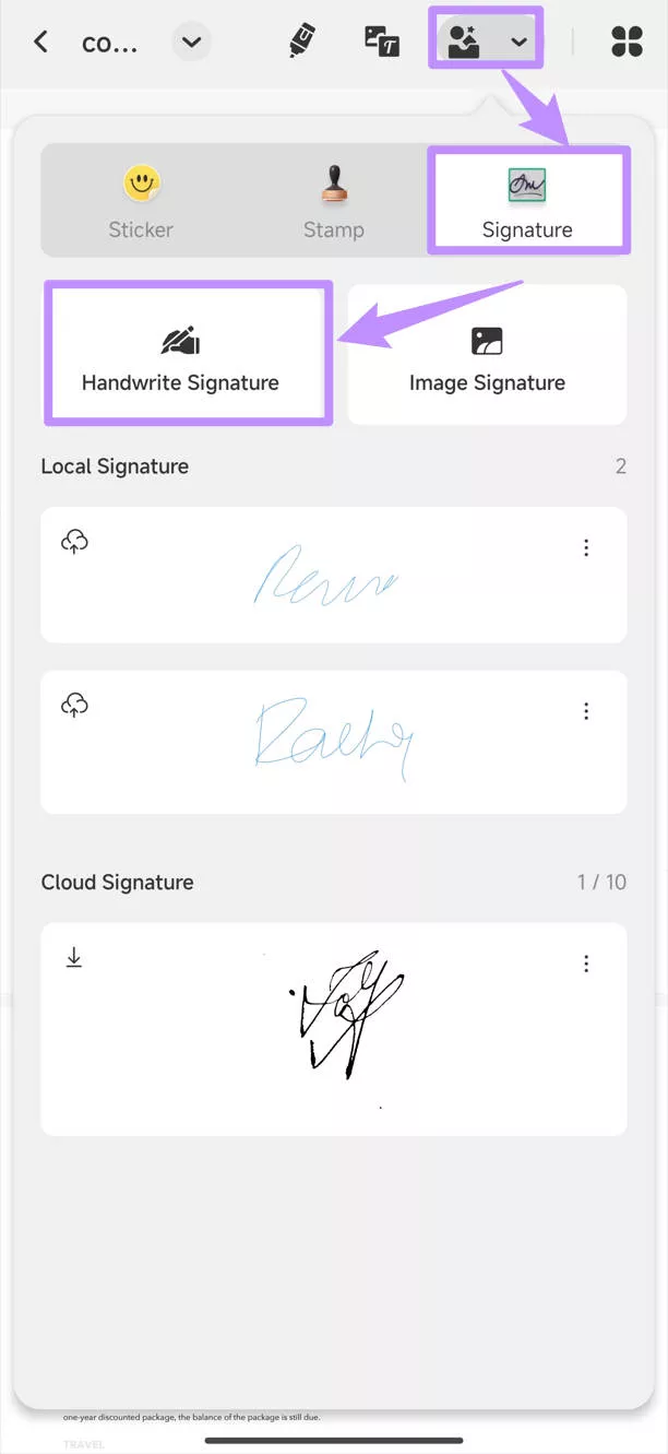 select handwrite signature option on updf for android