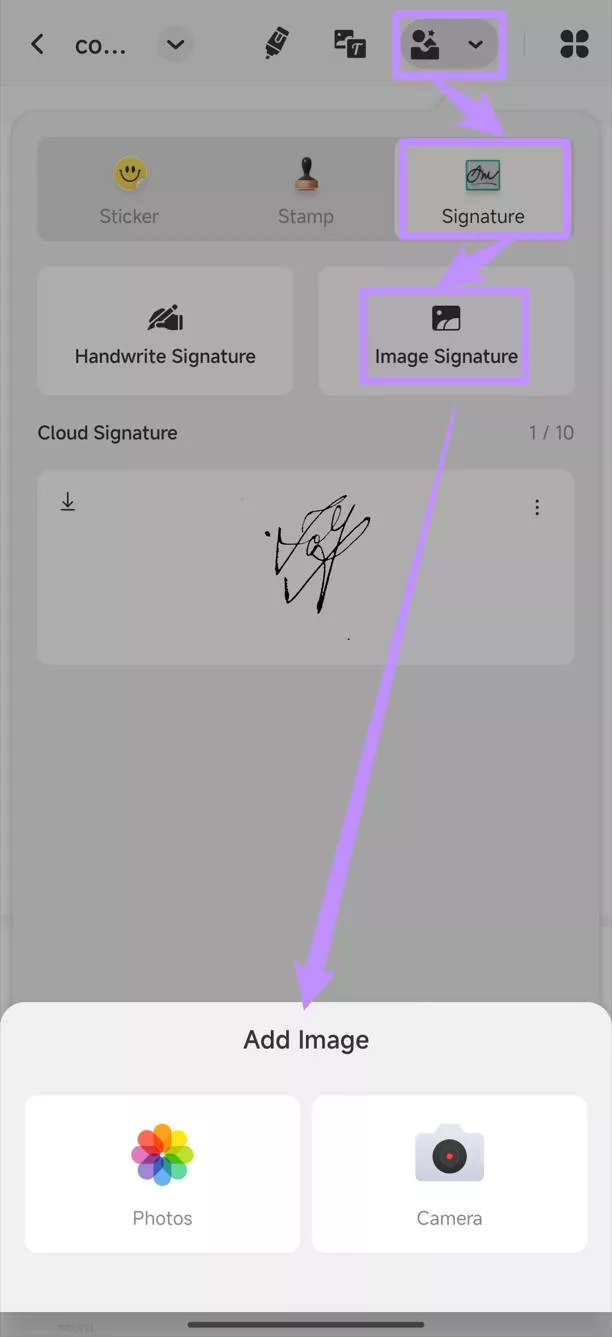 click the image signature option in updf for android