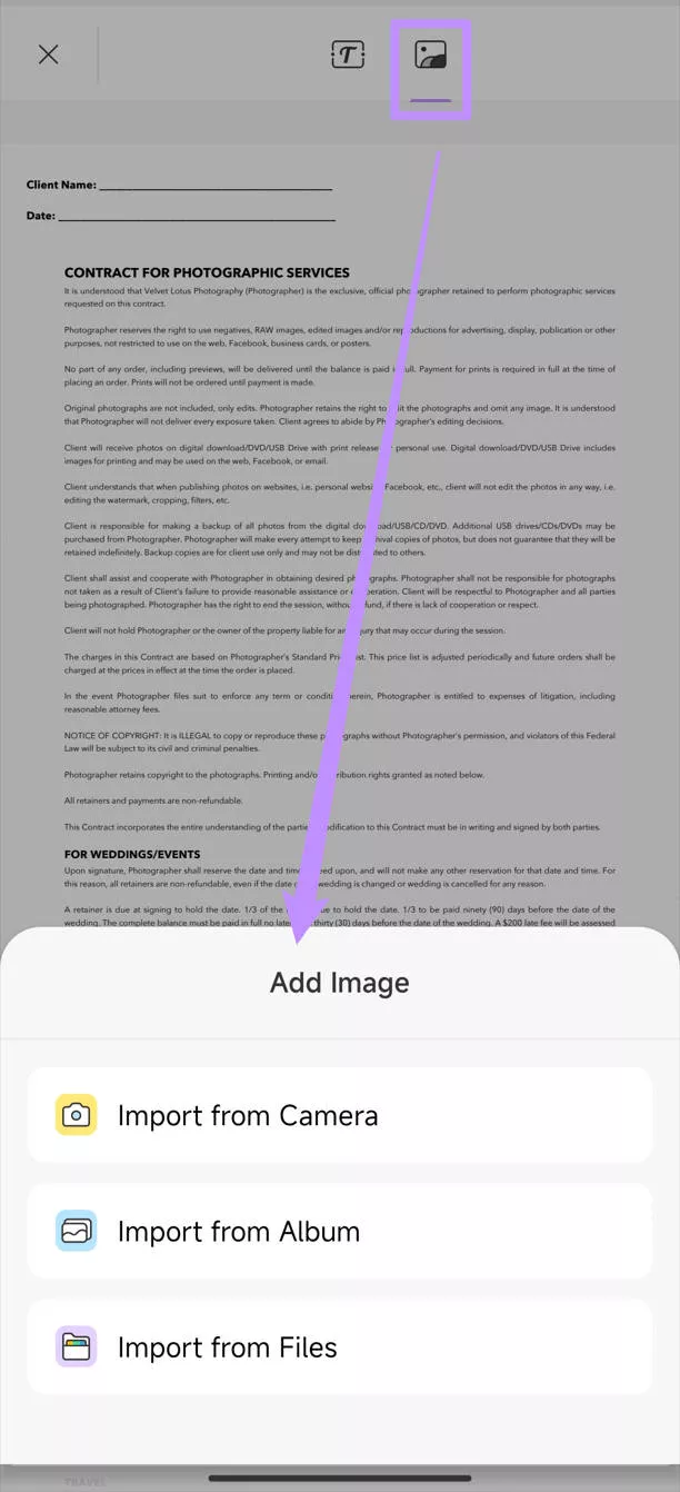 choose the image import option in updf android