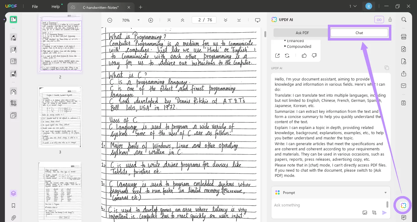 تحديد وضع الدردشة لـ updf Ai على نظام التشغيل windows