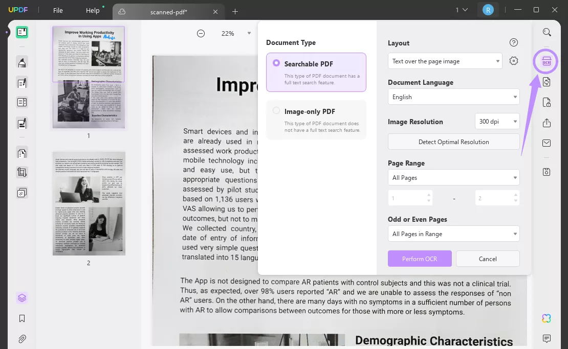 حدد أداة OCR في نظام التشغيل updf على نظام التشغيل Windows