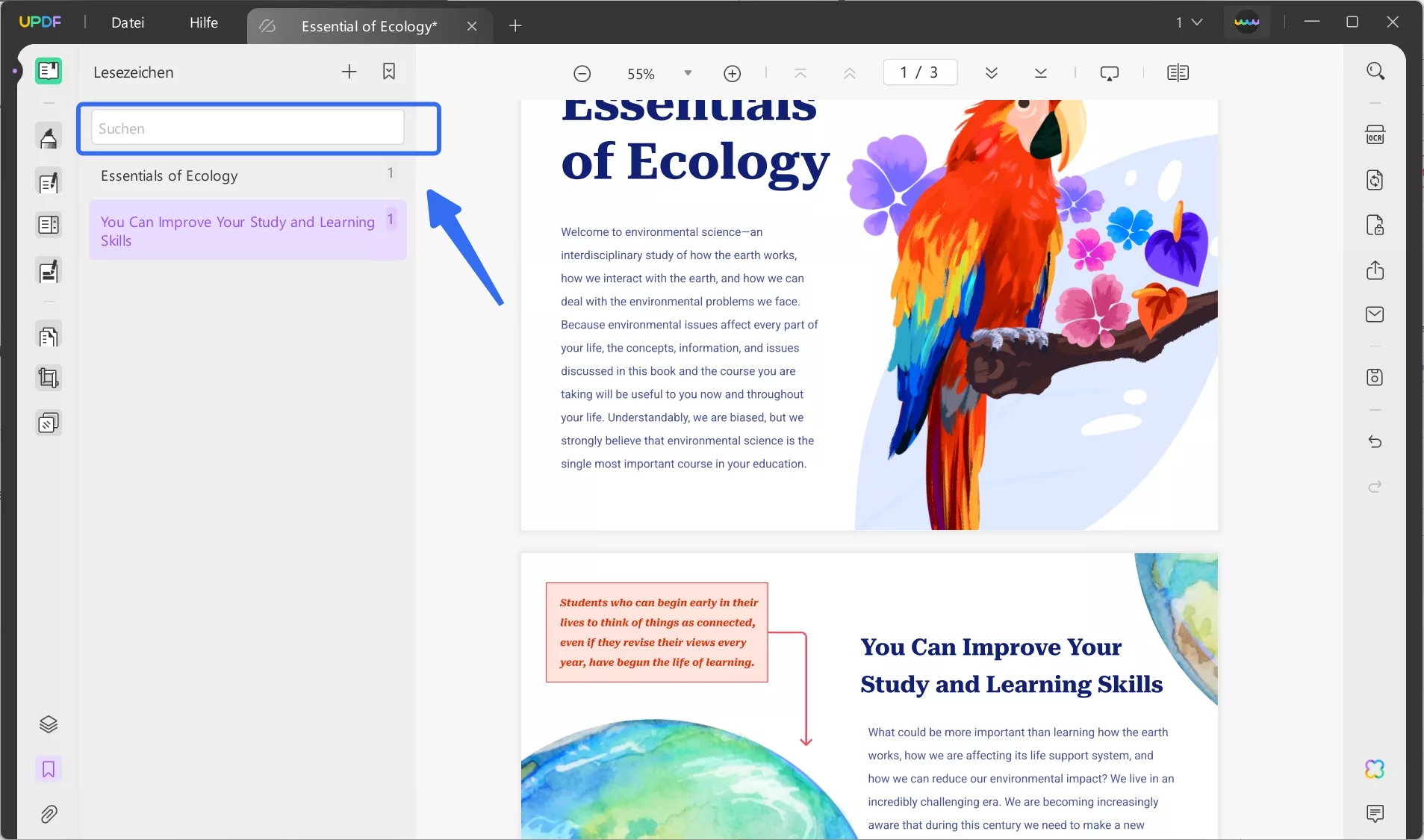 Dateinamen werden beim Zusammenführen als Lesezeichen gesetzt