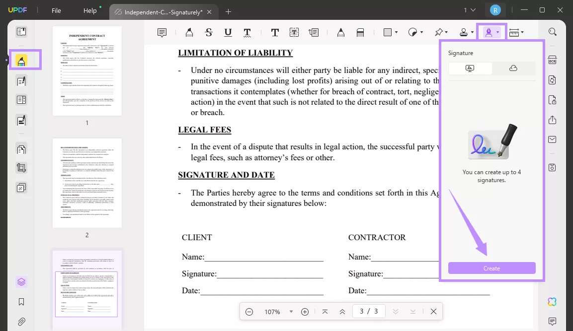 select the signature tool and click create updf windows