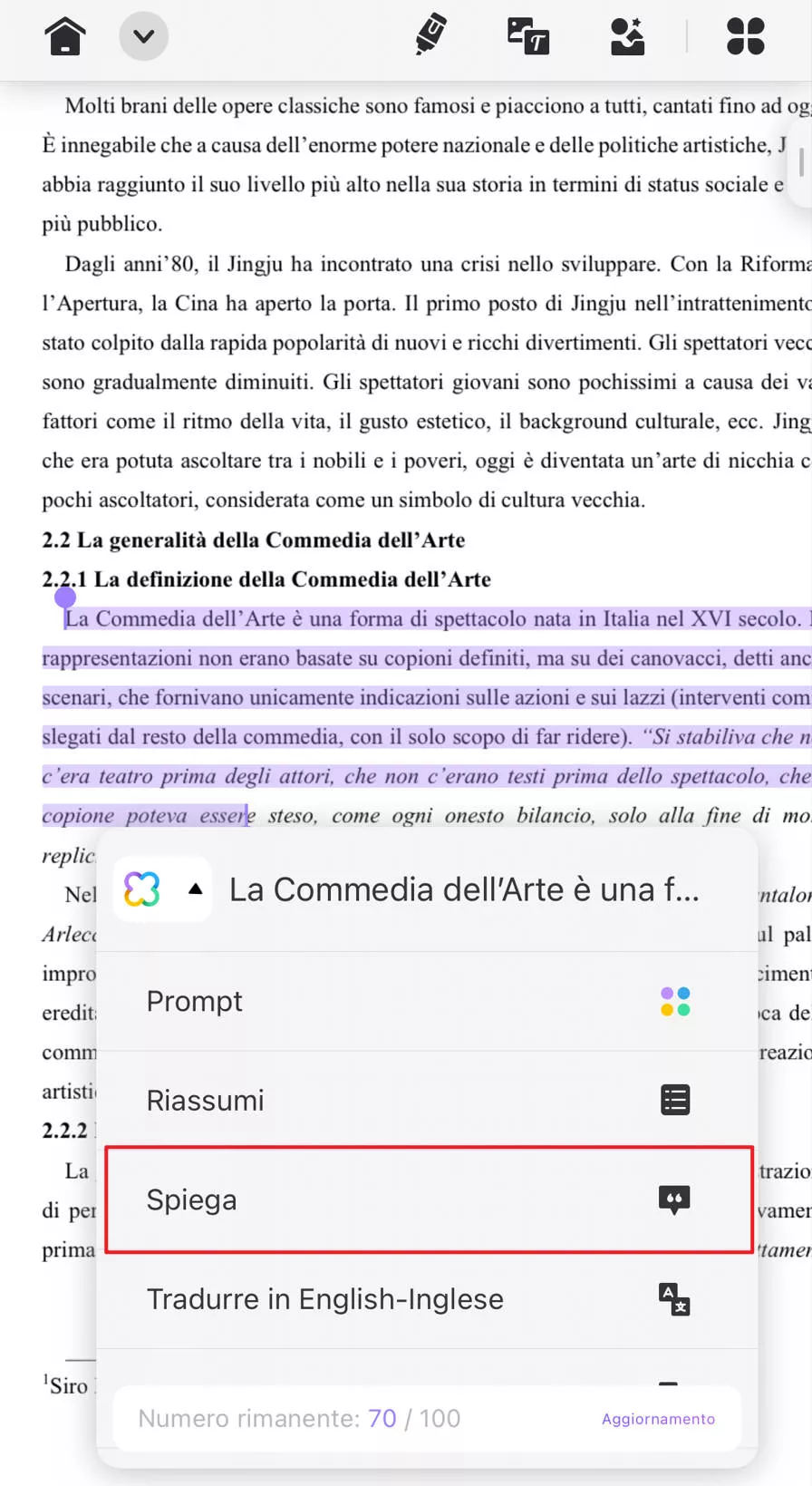 Spiega i testi selezionandoli su smartphone