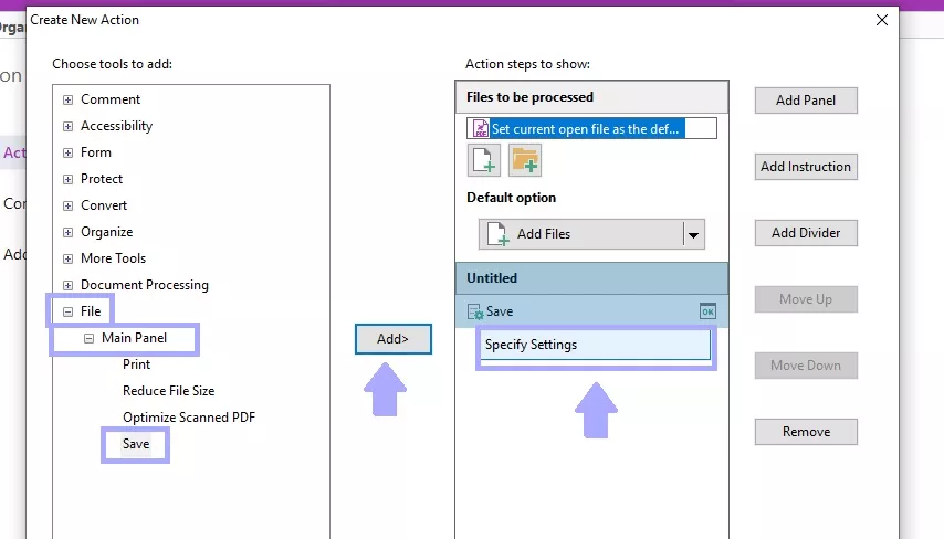 add “save” action and open specific settings in foxit