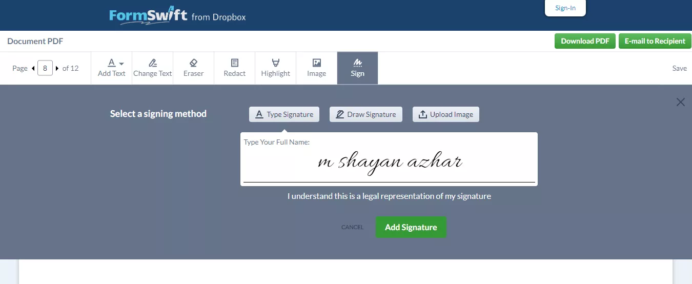 Adding Sign in the Document with formswift