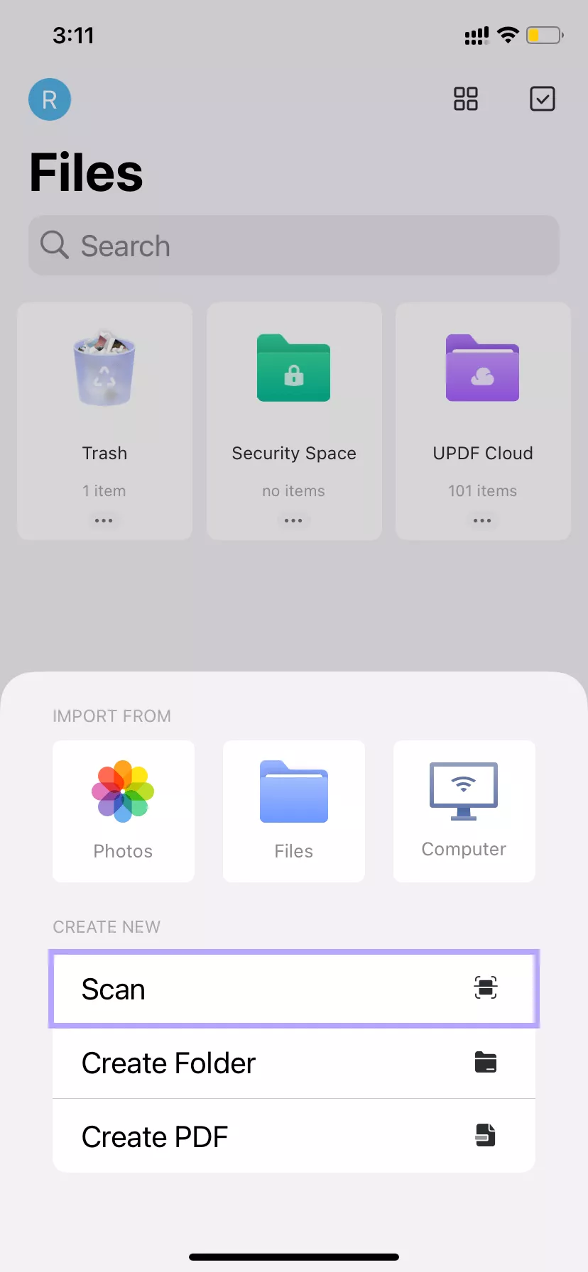 click the scan button in updf for ios