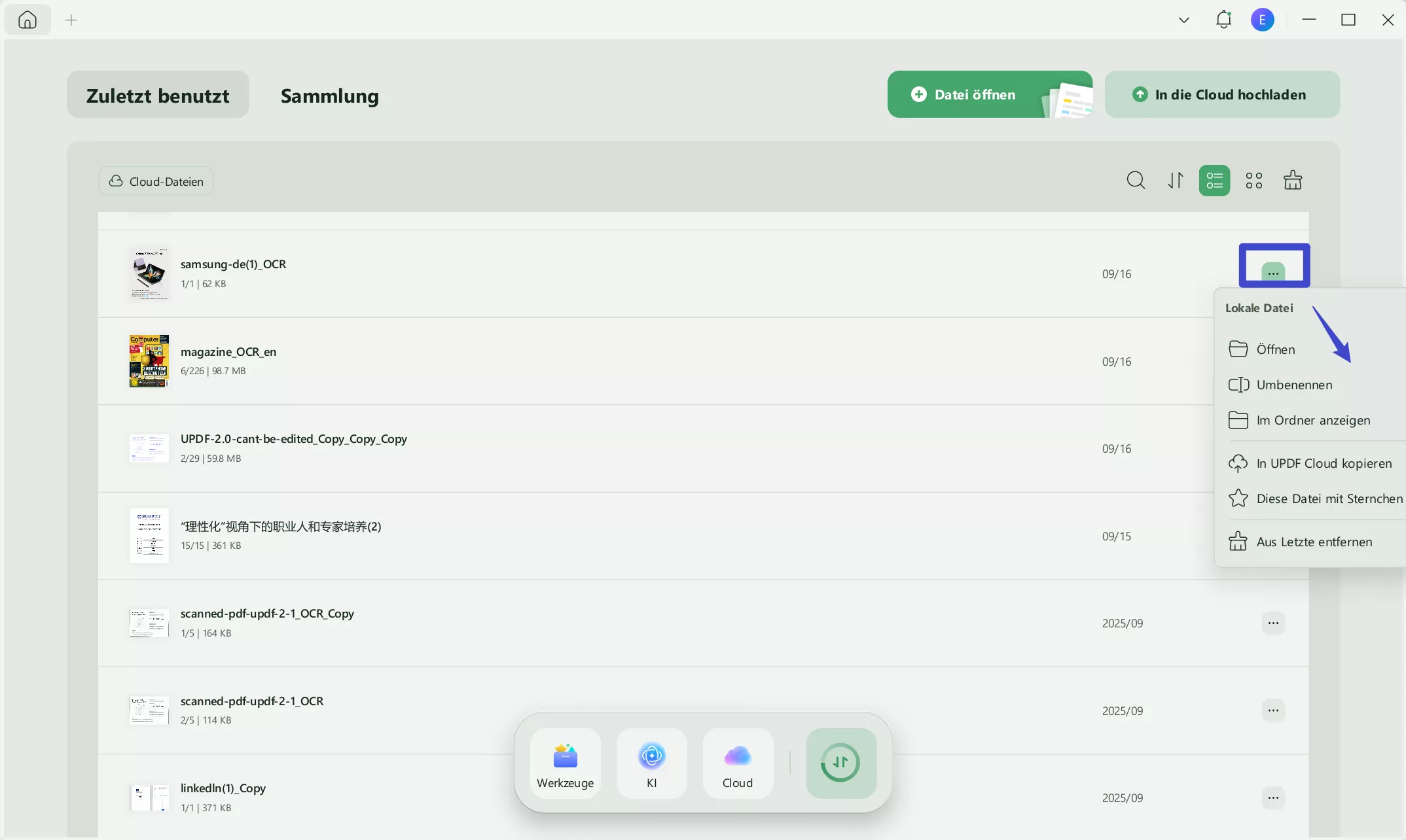Klicken Sie auf die drei Punkte, um PDFs in der UPDF-Cloud zu organisieren