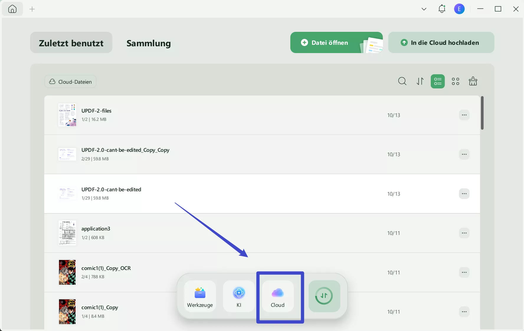 Datei über updf in die Cloud hochladen