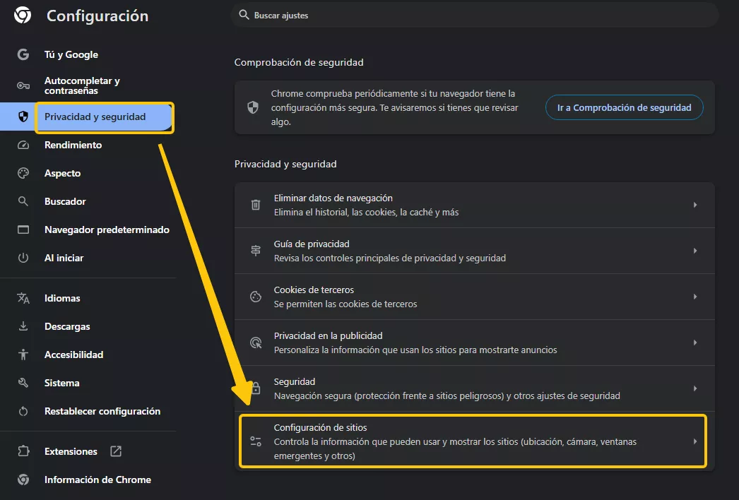 configuracion de sitios