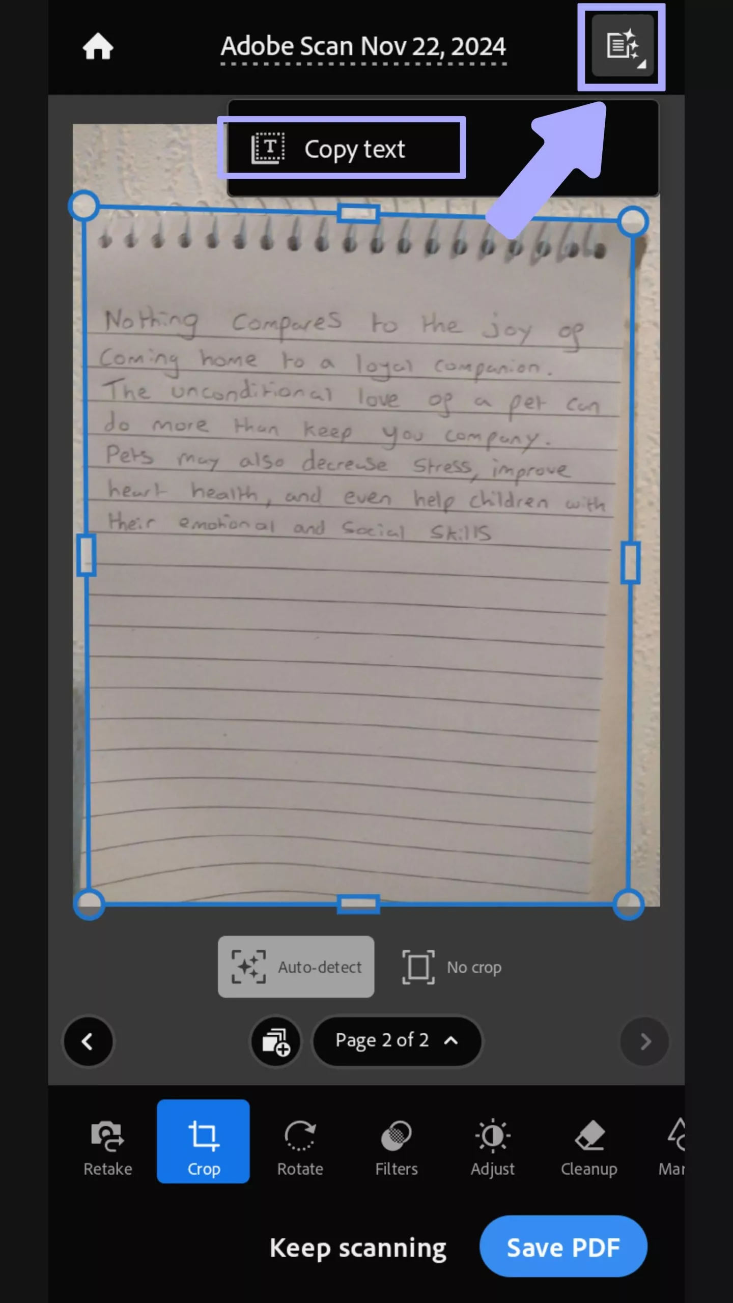 copy text with adobe scan