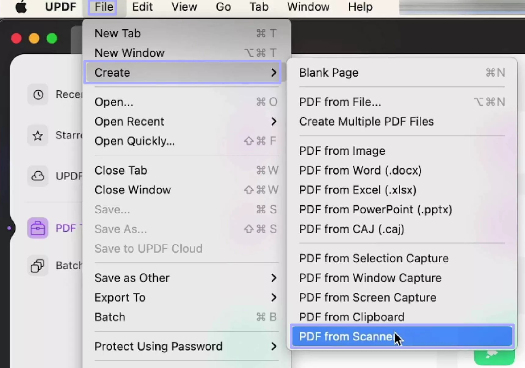navigate to the pdf from scanner option updf on mac
