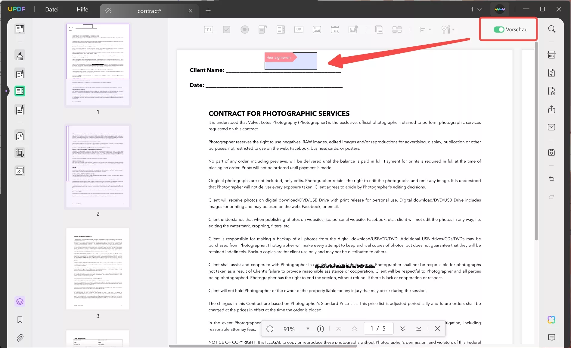Signaturvorschau in UPDF unter Windows
