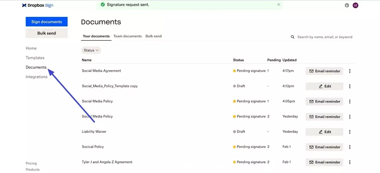 dropbox sign operating interface