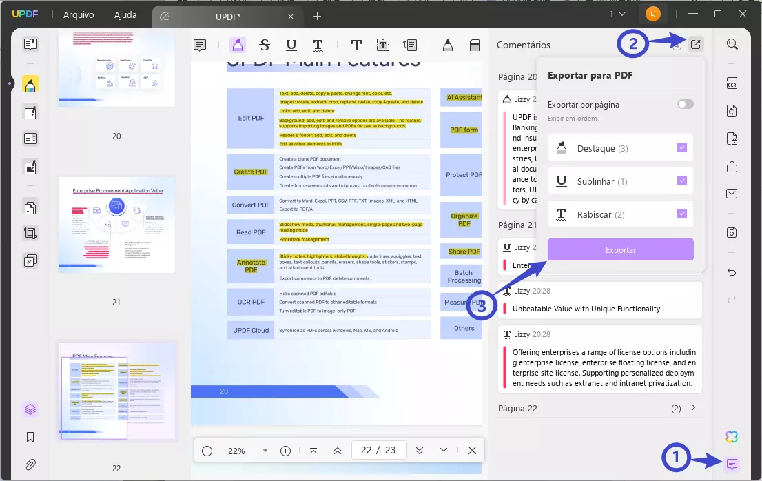 exportar comentários de pdf UPDF