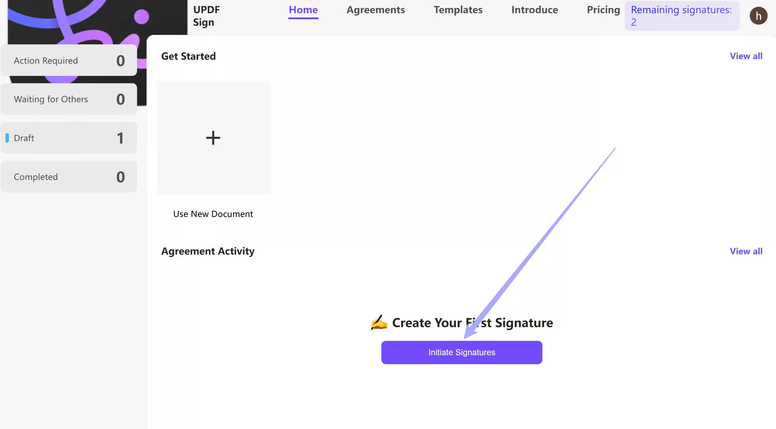Unterschrift einleiten updf sign