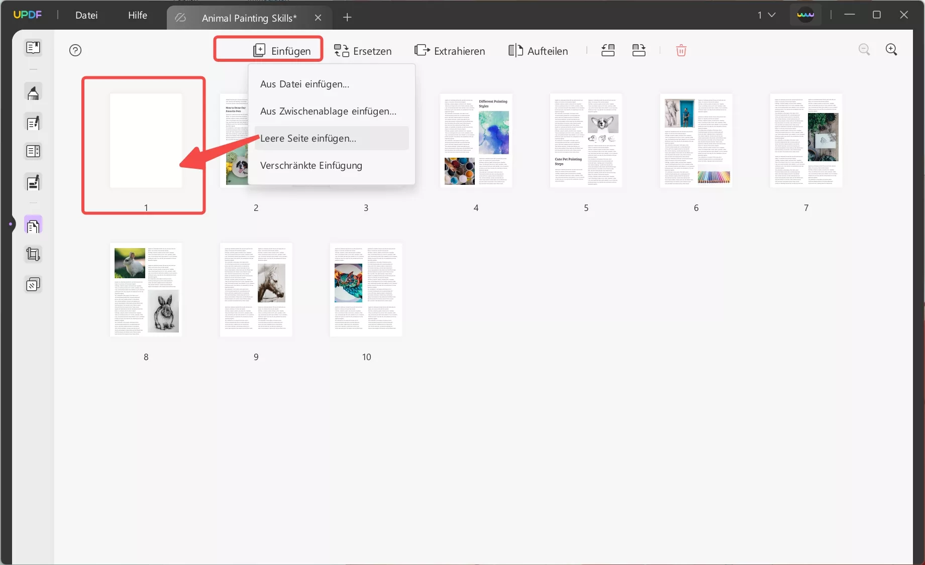 Klicken Sie auf „Einfügen“ und wählen Sie „Interleaving Insertion“ in UPDF unter Windows