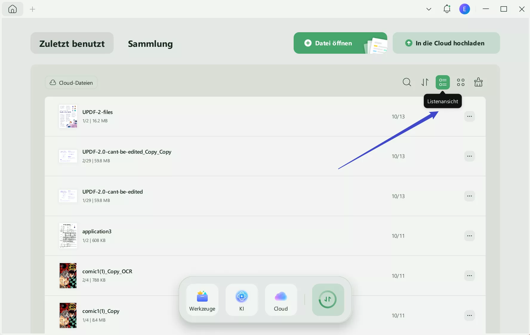 Listen- und Miniaturansicht in der UPDF-Cloud